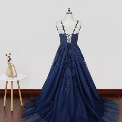 A Line V Neck Dark Navy Blue Lace Prom Dresses