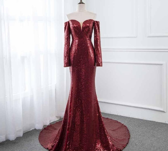 Off The Shoulder With Long Sleeves Sequins Fabric Longreal Photo Evening Gowns