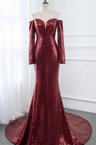 Off the shoulder with Long Sleeves Sequins Fabric LongReal Photo Evening Gowns