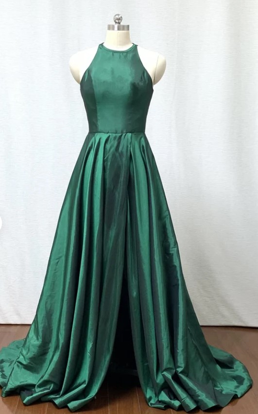 A-line Halter Emerald Green Taffeta Long Prom Dress With Slit on Luulla