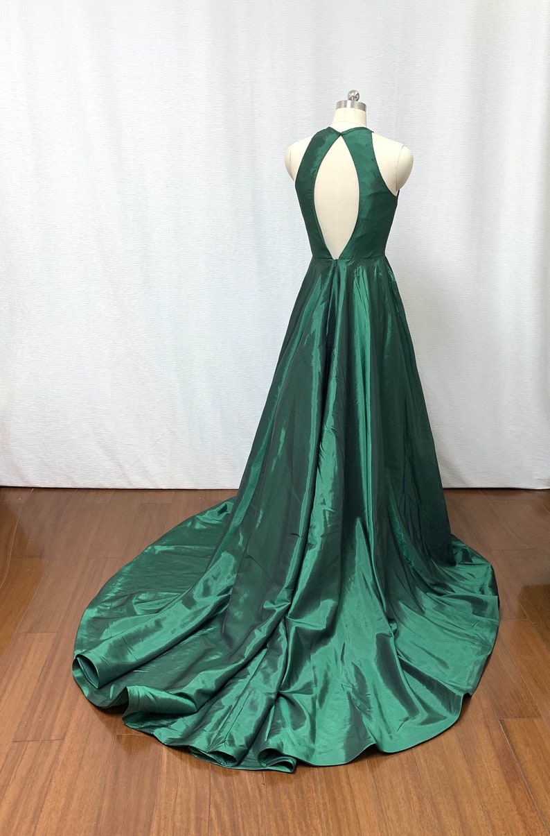 A-line Halter Emerald Green Taffeta Long Prom Dress With Slit on Luulla