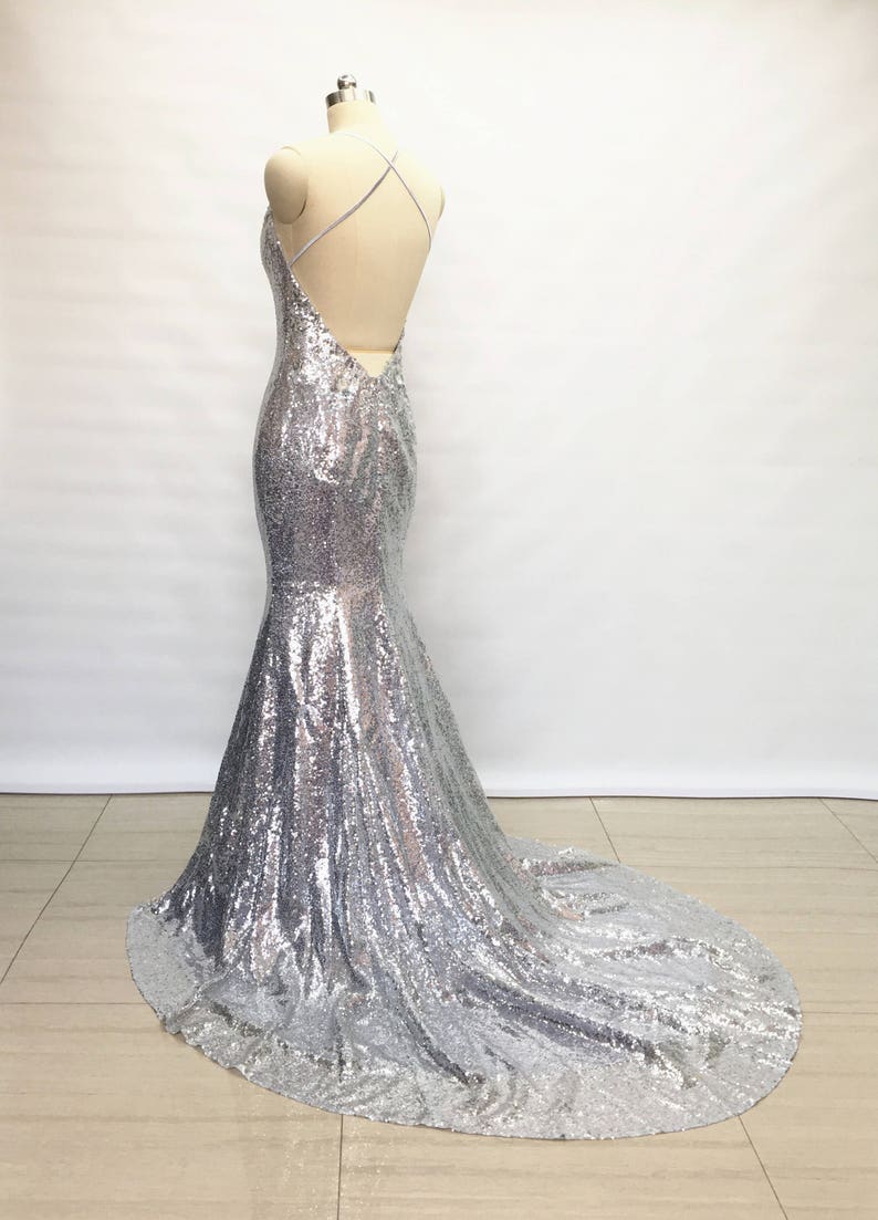 Backless Sheath Column Silver Sequin Spaghetti Straps Prom Dress main image 1